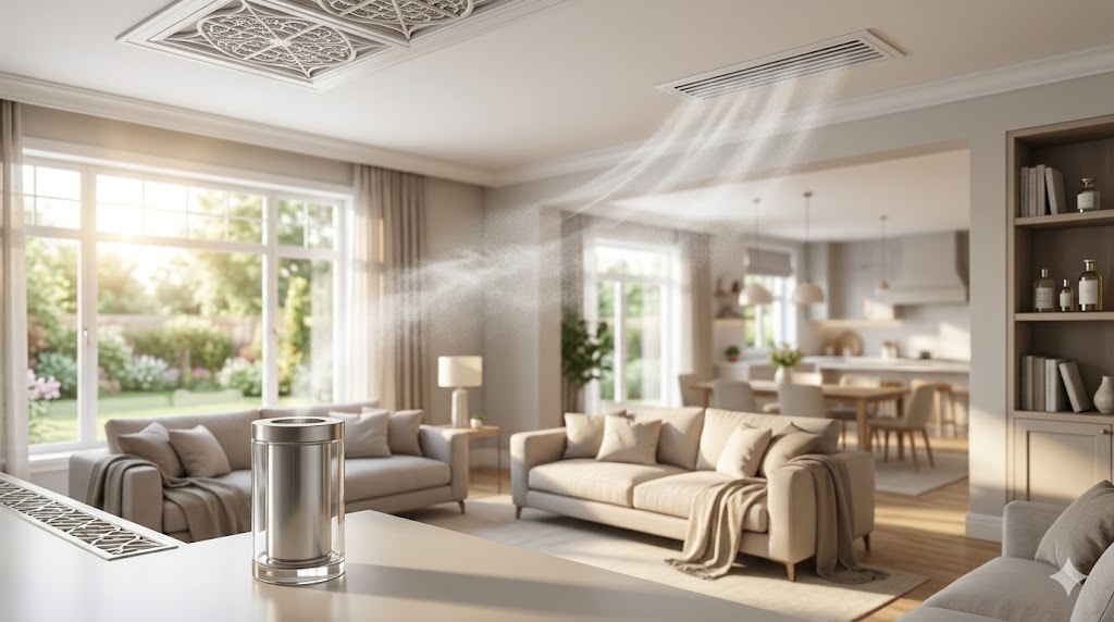 Modern living room with air purifier and ceiling HVAC vent circulating fresh air.