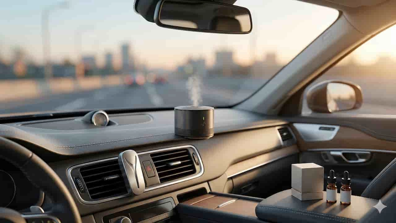 Portable car essential oil diffuser emitting mist on a vehicle dashboard. - Saintdeland