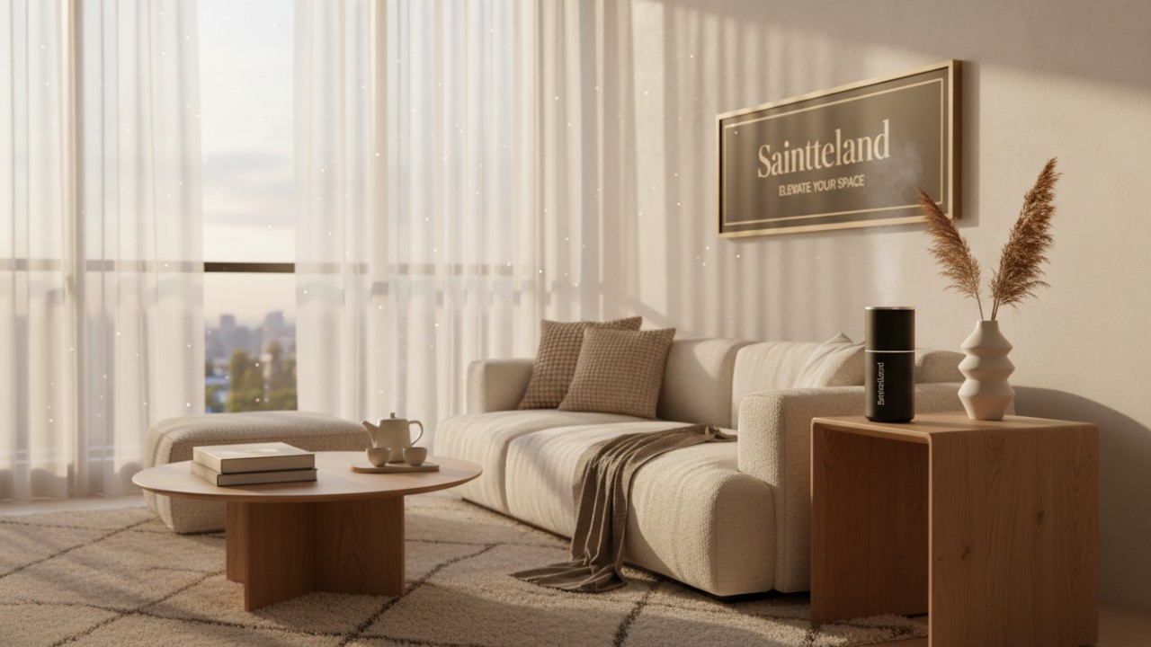 A cozy and elegant living room featuring a Saintdeland scent machine and branded decor in a serene sunset atmosphere.