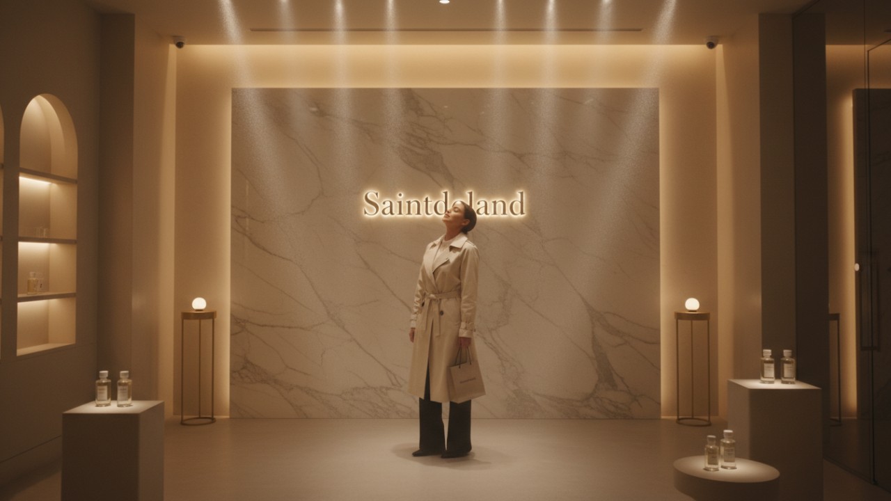 A customer enjoying a fragrant shopping experience inside a luxury store with the Saintdeland brand name on the wall.