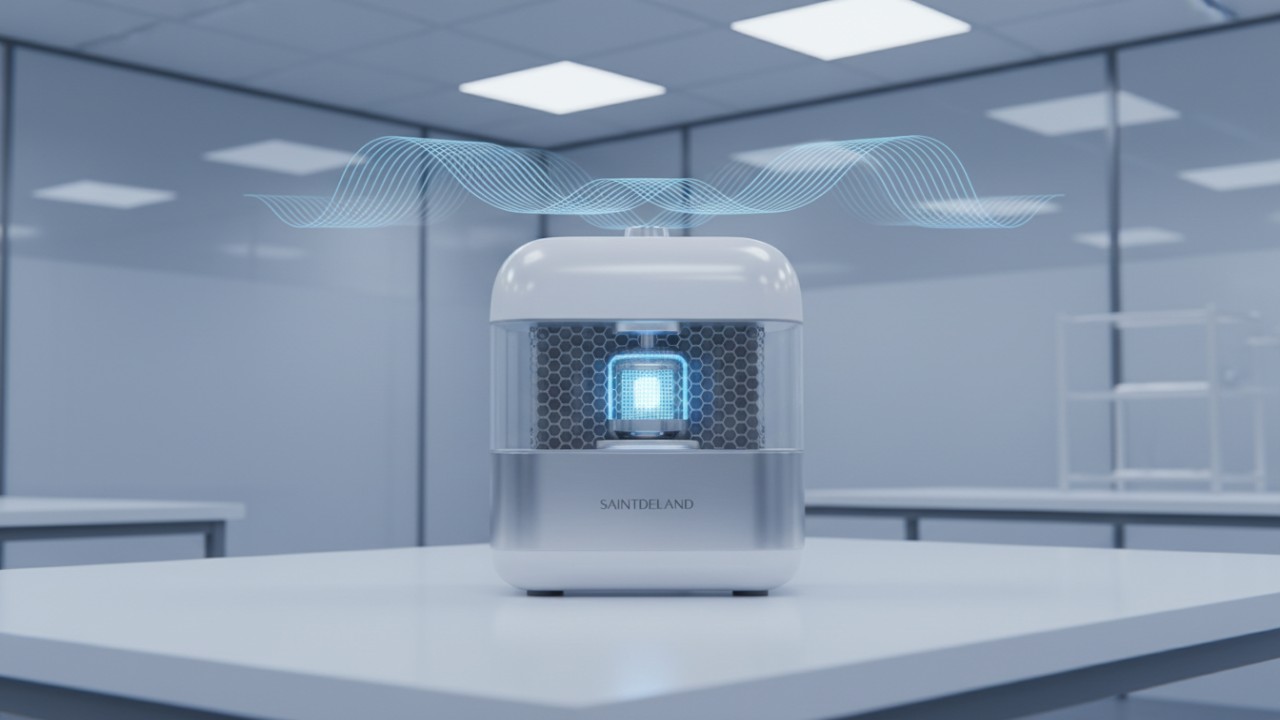 A detailed 3D technical visualization of a Saintdeland quiet diffuser showing its internal soundproofing and atomization technology.