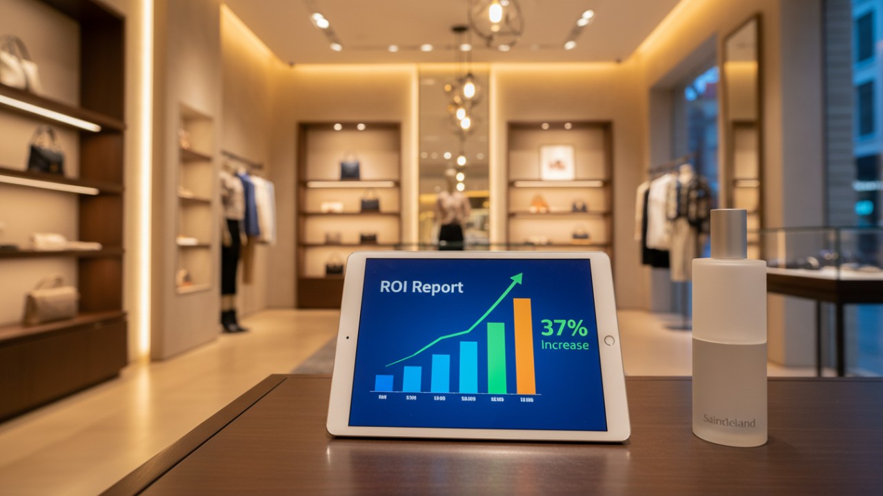 A digital ROI report showing sales growth next to a Saintdeland scent diffuser in a luxury boutique.