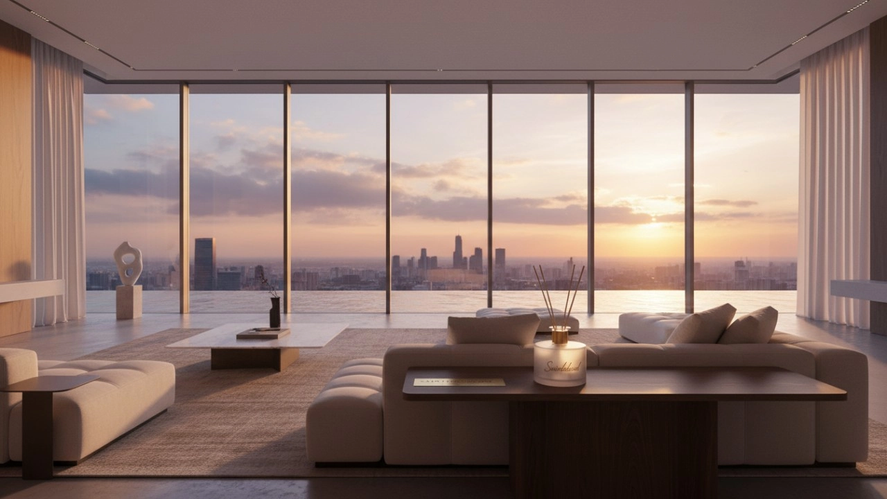 A luxurious and peaceful living room featuring a Saintdeland diffuser as the centerpiece of a tranquil modern sanctuary. - Saintdeland