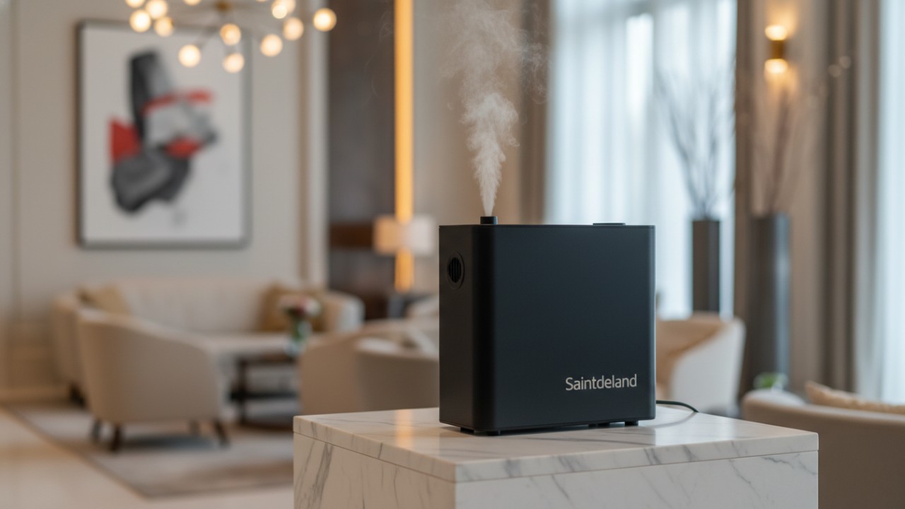 A modern black Saintdeland scent machine on a marble pedestal in a luxury hotel lobby dispersing a fine aromatic mist.