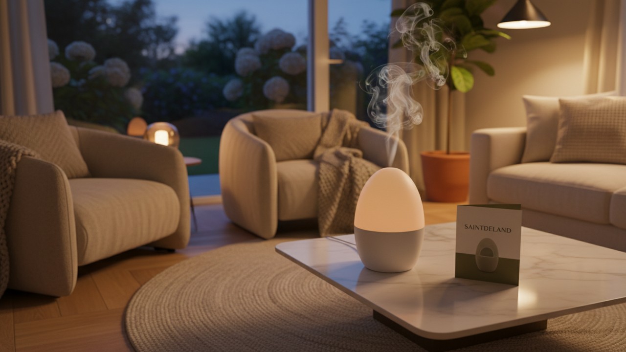 A peaceful home interior featuring a Saintdeland aromatherapy diffuser on a coffee table creating a relaxing atmosphere.