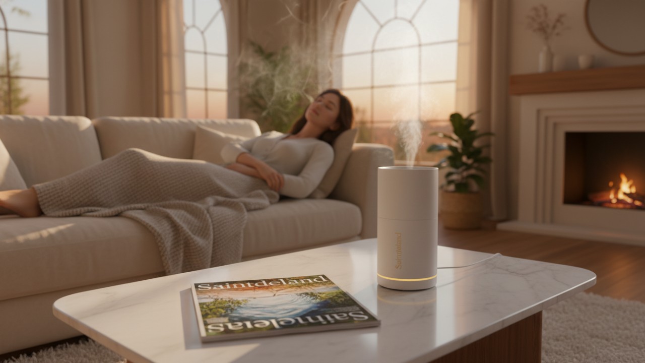 A peaceful sunset living room scene with a Saintdeland diffuser and a brand magazine on a marble table.