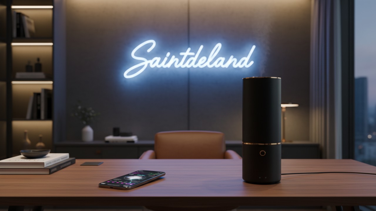 A professional home office setup featuring a premium scent diffuser and a neon Saintdeland sign on the wall.