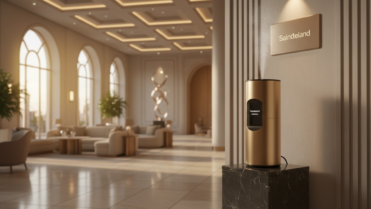 A professional Saintdeland fragrance machine in a luxury hotel lobby setting with warm cinematic lighting.