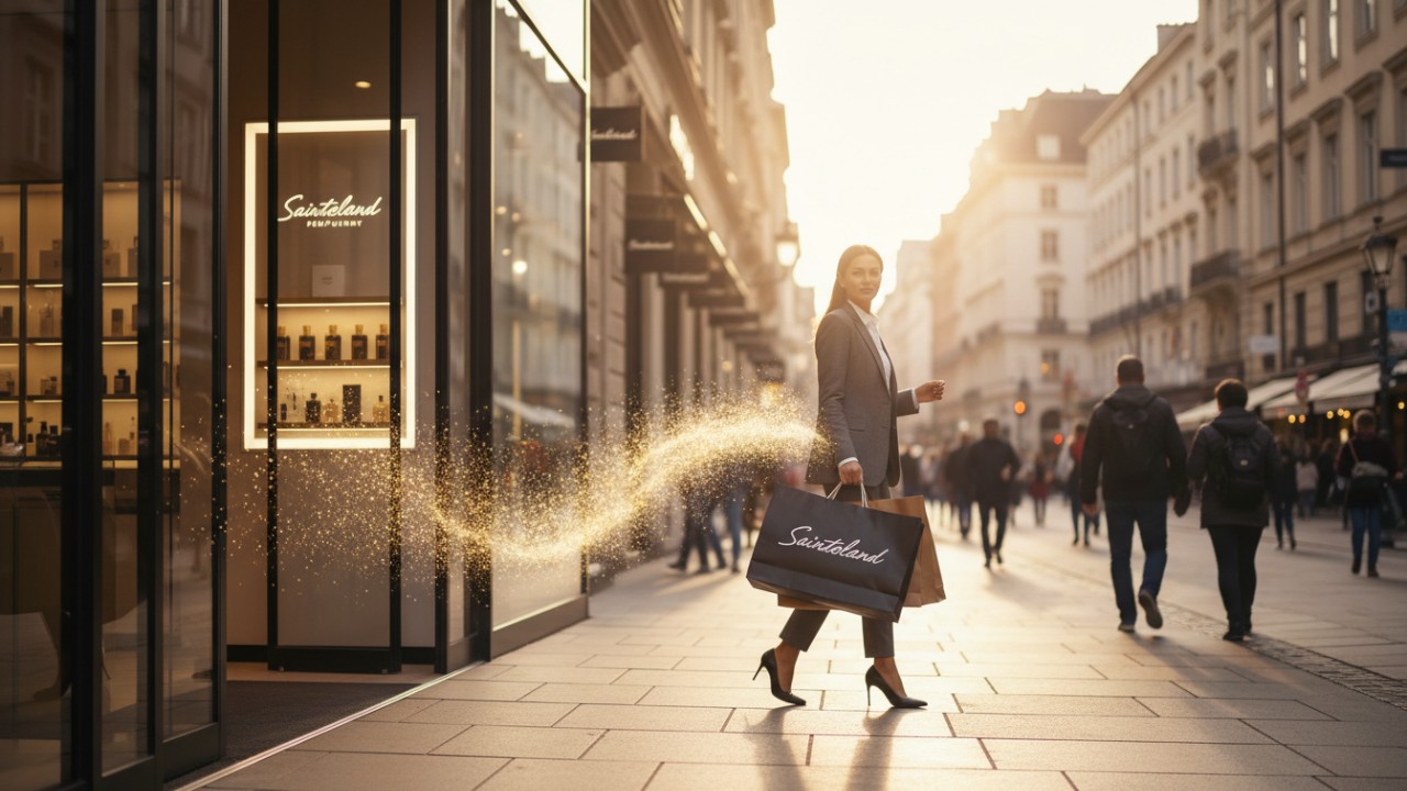 A shopper carrying a Saintdeland bag with an artistic representation of a scent trail symbolizing a memorable brand experience.