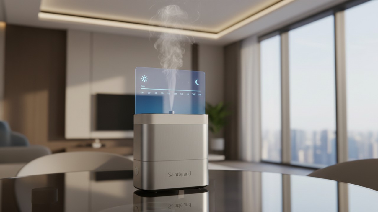 A sleek modern diffuser with a holographic scheduling interface showing the Saintdeland brand name on the device.