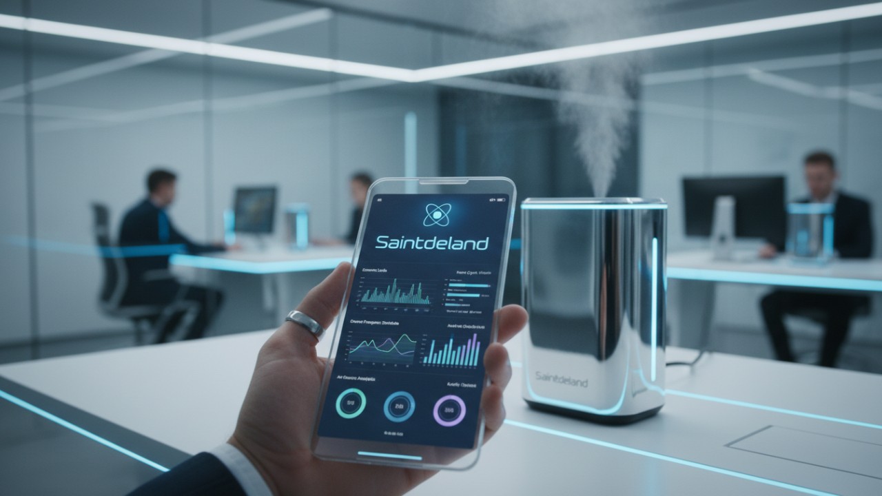 A smart technology interface for scent management featuring the Saintdeland brand in a futuristic 2026 setting.