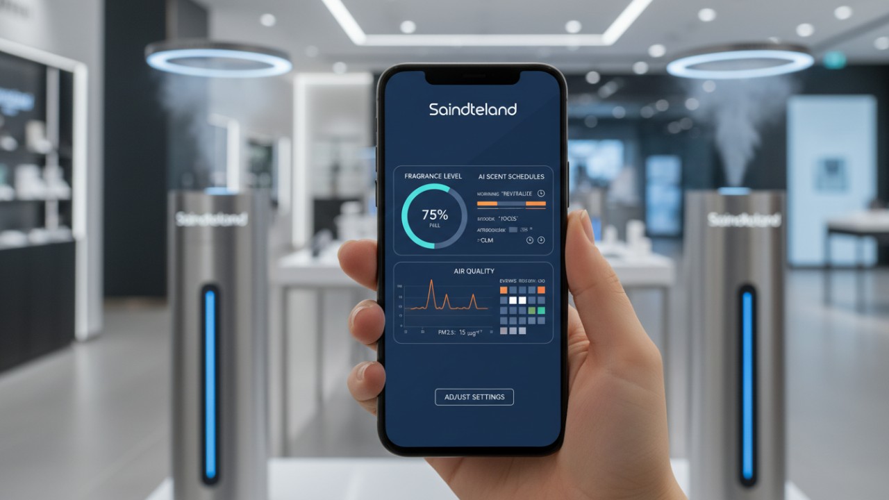 A smartphone app interface by Saintdeland showing real-time AI and IoT controls for retail scent marketing.