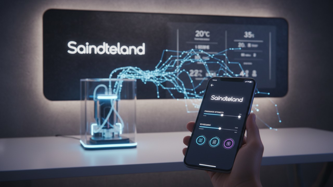 A smartphone app interface for a Saintdeland scent machine showing high-tech IoT and AI fragrance control features.