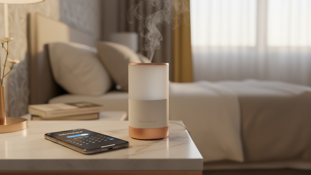 A smartphone displaying the Saintdeland app next to a diffuser to illustrate smart scheduling and expert silent scenting tips.