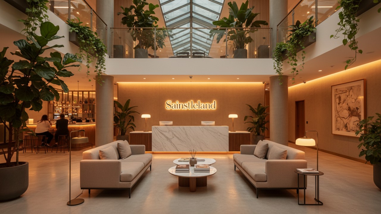 A sophisticated building lobby with the Saintdeland brand name highlighting a high-end emotional environment.