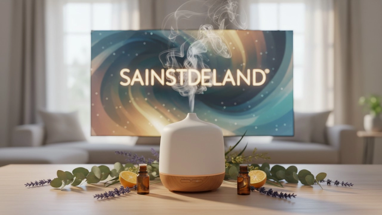 A white and wood essential oil diffuser emitting mist, with essential oils, lavender, and lemon. - Saintdeland