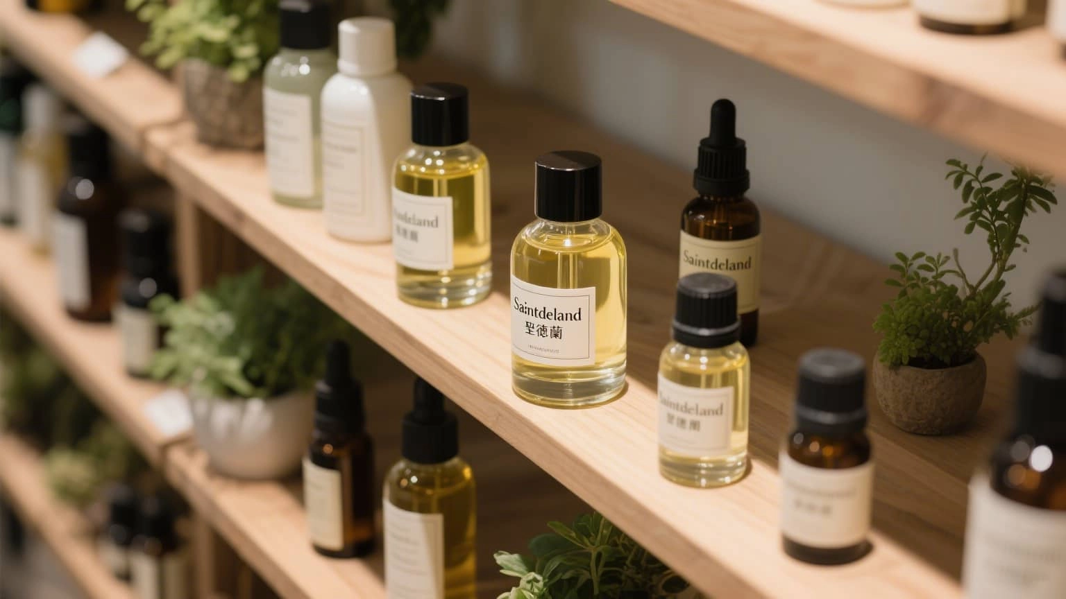 essential-oils-5 Bottles of Saintdeland essential oils and perfumes on wooden shelves with small potted plants.