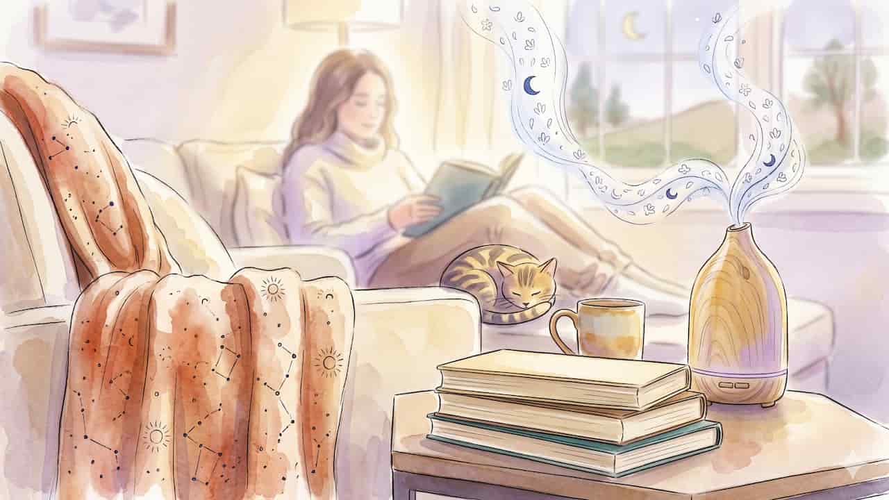 Illustration of a woman reading on a sofa with a cat, books, and an essential oil diffuser.