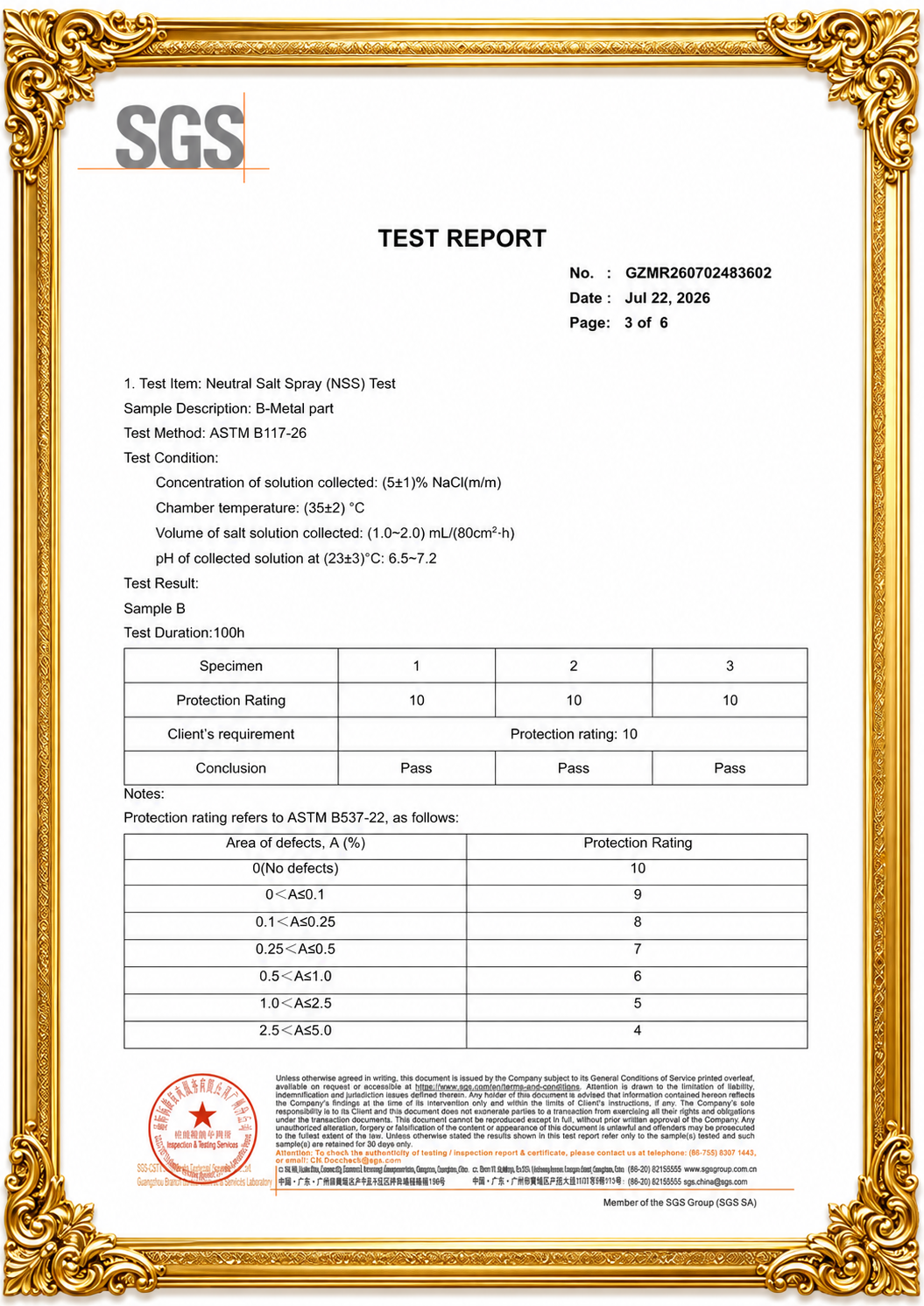 100-hour salt spray test report for gold-plated brass earrings with protection rating 10