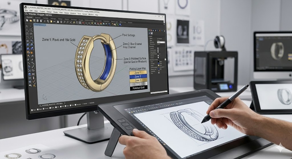 Modello CAD 3D di un orecchino huggie