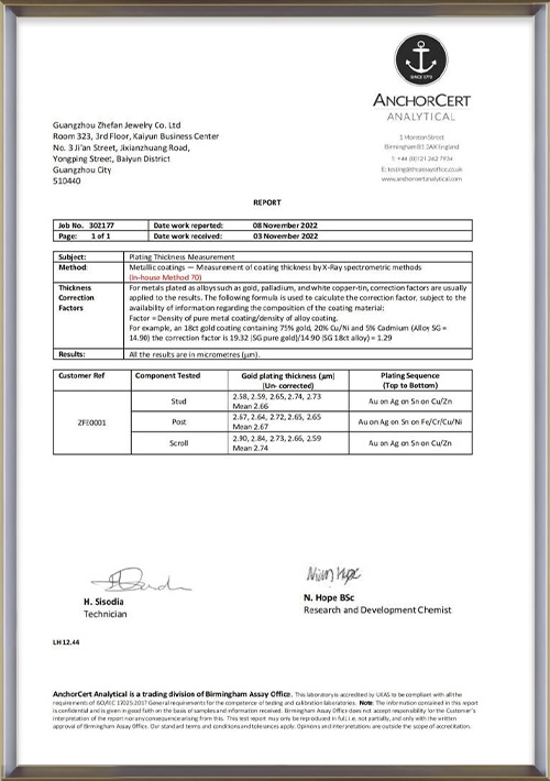18K Gold Thickened 2.5&mu;m Plating Test Report - Zhefan Jewelry