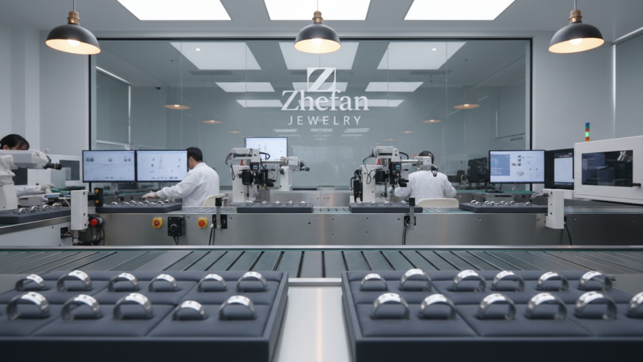 A_modern_jewelry_production_facility_showcasing_large_scale_manufacturing_with_the_Zhefan_Jewelry_logo_prominently_displayed_on_the_wall_ - 副本 A_modern_jewelry_production_facility_showcasing_large_scale_manufacturing_with_the_Zhefan_Jewelry_logo_prominently_displayed_on_the_wall_ - 副本