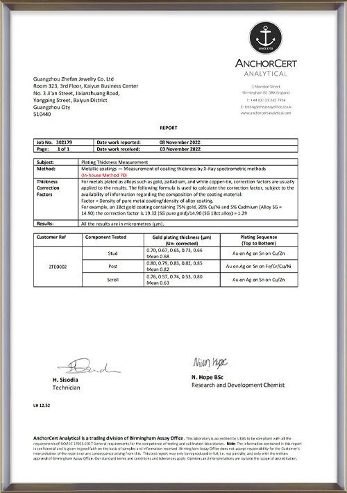18K Gold Thickened 0.5&mu;m Plating Test Report - Zhefan Jewelry