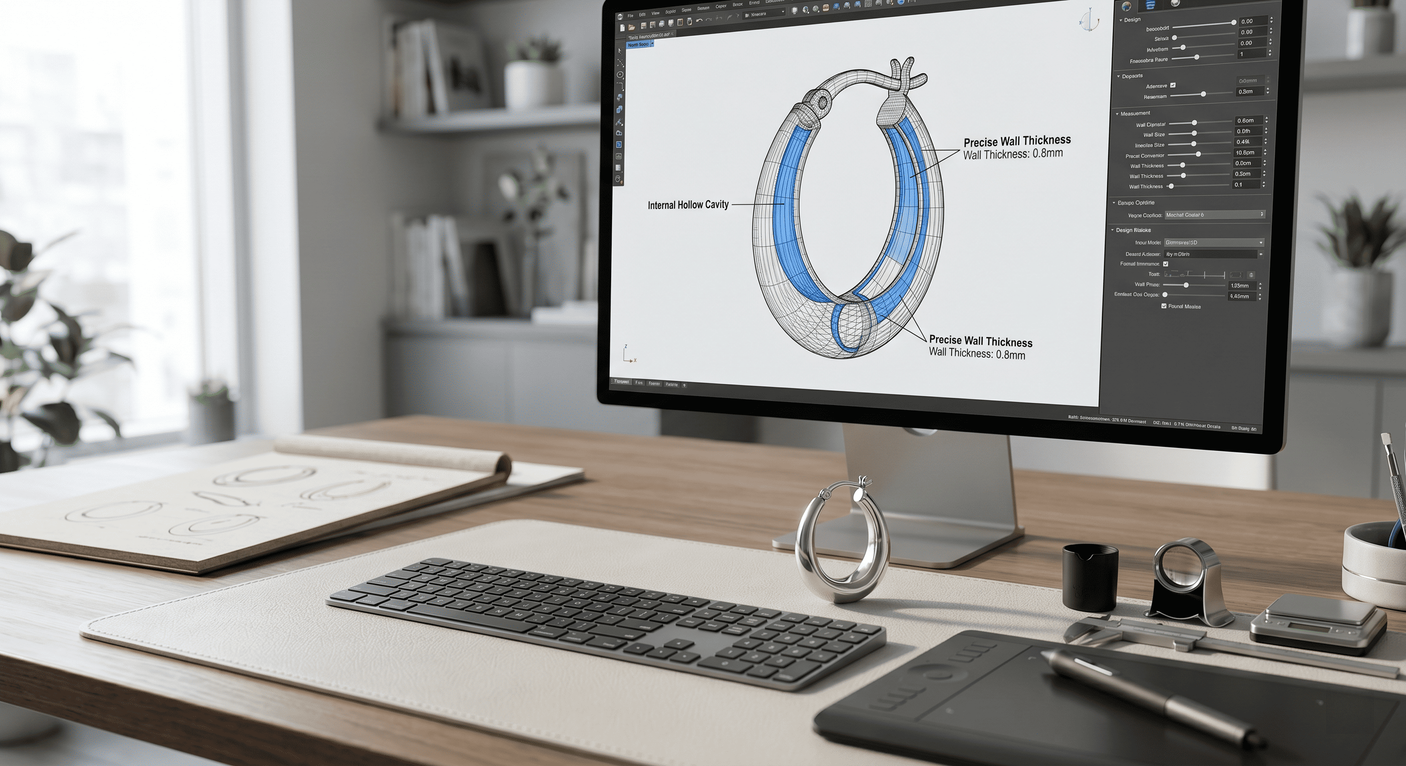 A high-end monitor clearly displays a complex 3D CAD wireframe model of an elegant sterling silver hoop earring (1)