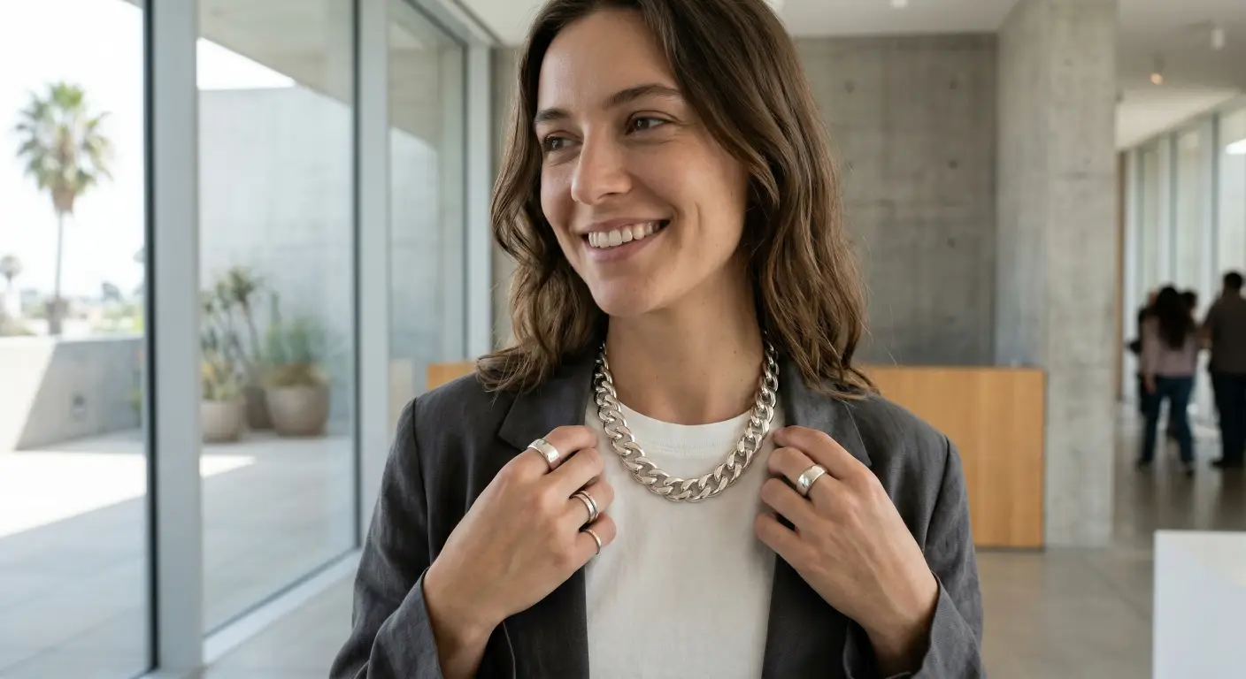 a model wearing a heavy, polished sterling silver chain necklace and matching minimalist rings