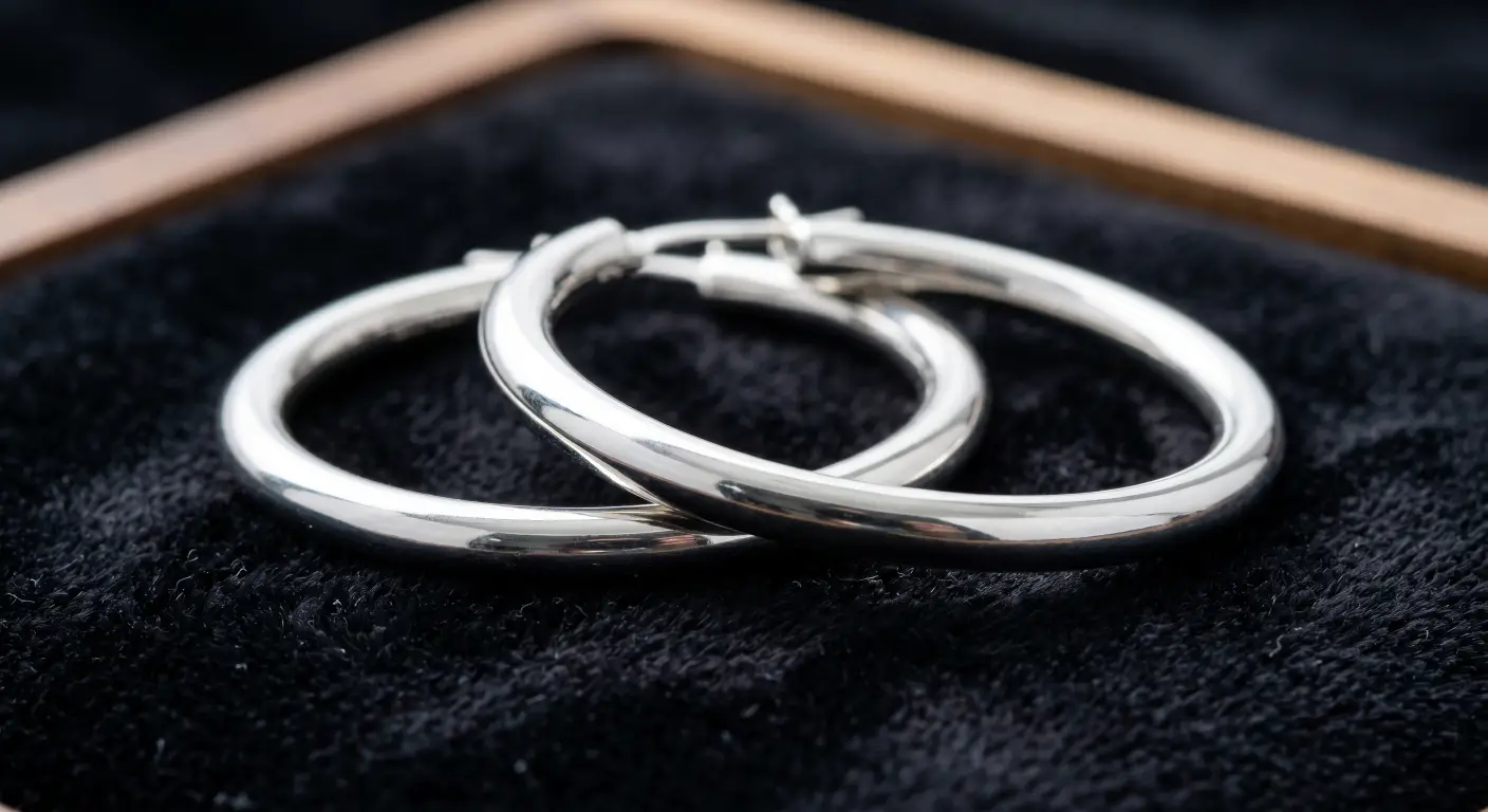 a pair of polished sterling silver hoop earrings resting on a piece of dark velvet - Zhefan Jewelry