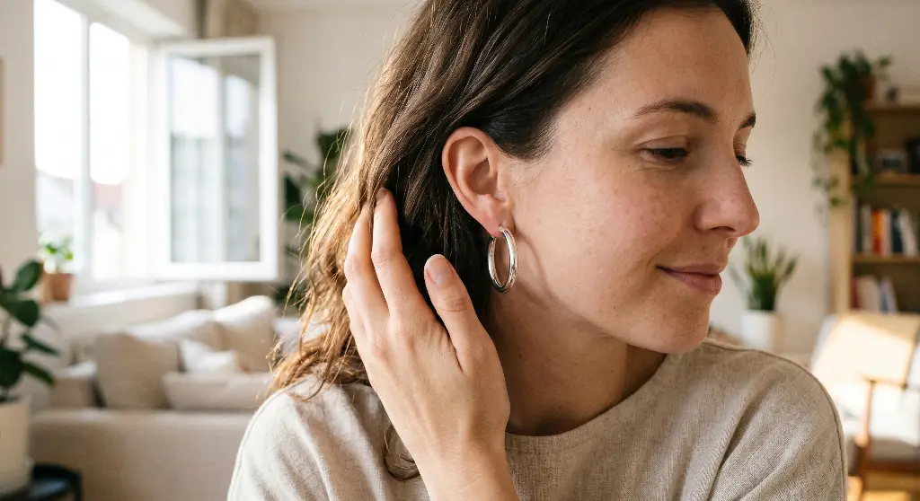 a pristine, highly polished silver hoop earring a pristine, highly polished silver hoop earring