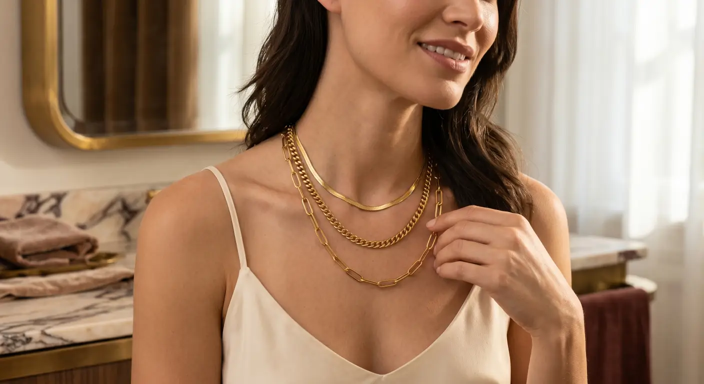 Una foto professionale in stile lifestyle di una modella che indossa diverse collane in ottone sovrapposte - Zhefan Jewelry