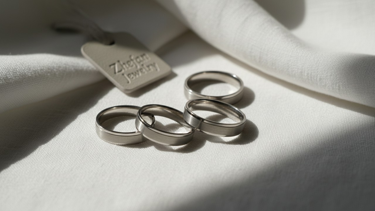 A selection of minimalist 316L stainless steel rings with various finishes