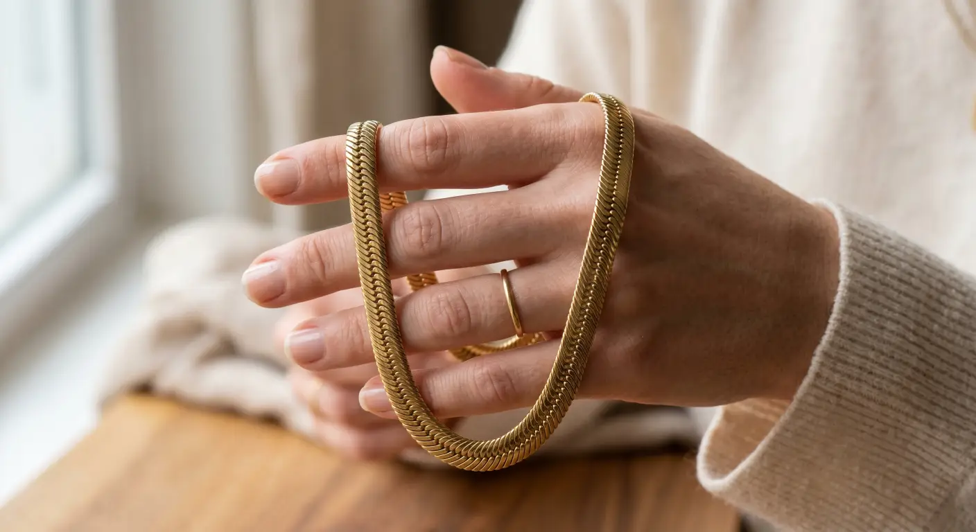 a woman's hand holding a thick, beautifully polished brass herringbone chain - Zhefan Jewelry