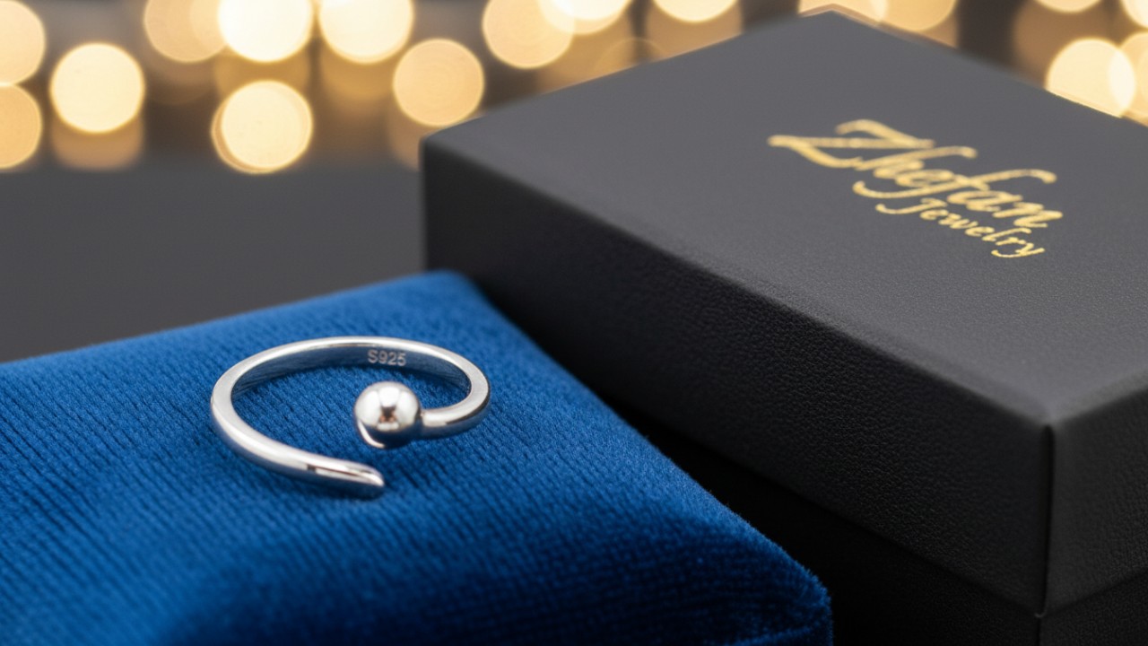A_close_up_of_a_high_quality_925_silver_adjustable_ring_on_a_velvet_cushion_next_to_a_Zhefan_Jewelry_branded_box_ A_close_up_of_a_high_quality_925_silver_adjustable_ring_on_a_velvet_cushion_next_to_a_Zhefan_Jewelry_branded_box_