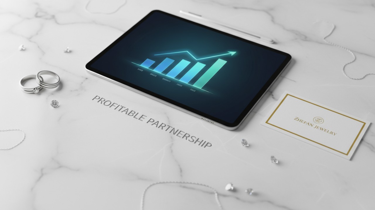 An_overhead_view_of_silver_rings_and_business_tools_including_a_card_with_the_name_Zhefan_Jewelry__symbolizing_retail_success_ An_overhead_view_of_silver_rings_and_business_tools_including_a_card_with_the_name_Zhefan_Jewelry__symbolizing_retail_success_