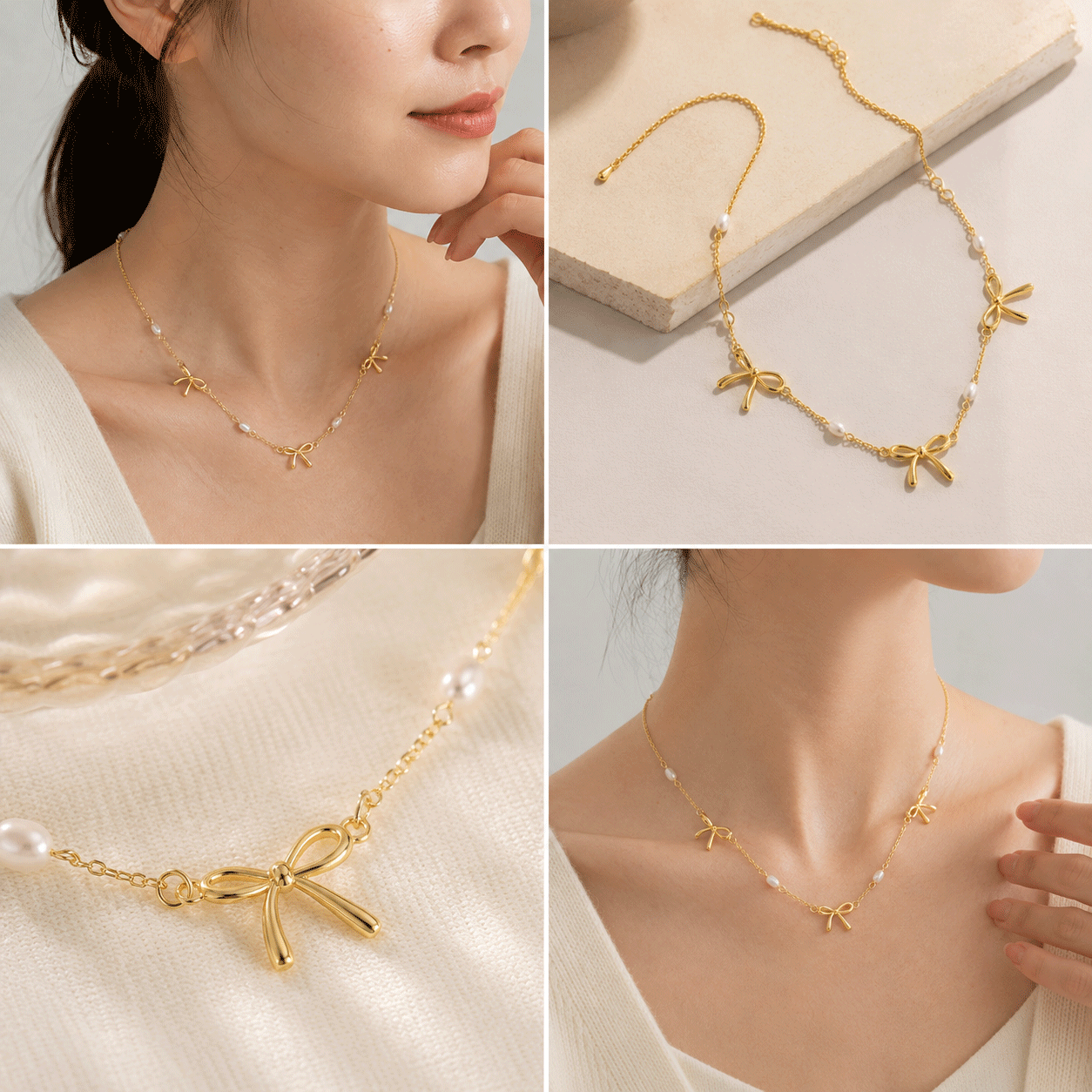 Collana con pendente a fiocco, perle d'acqua dolce e finitura in metallo lucido.