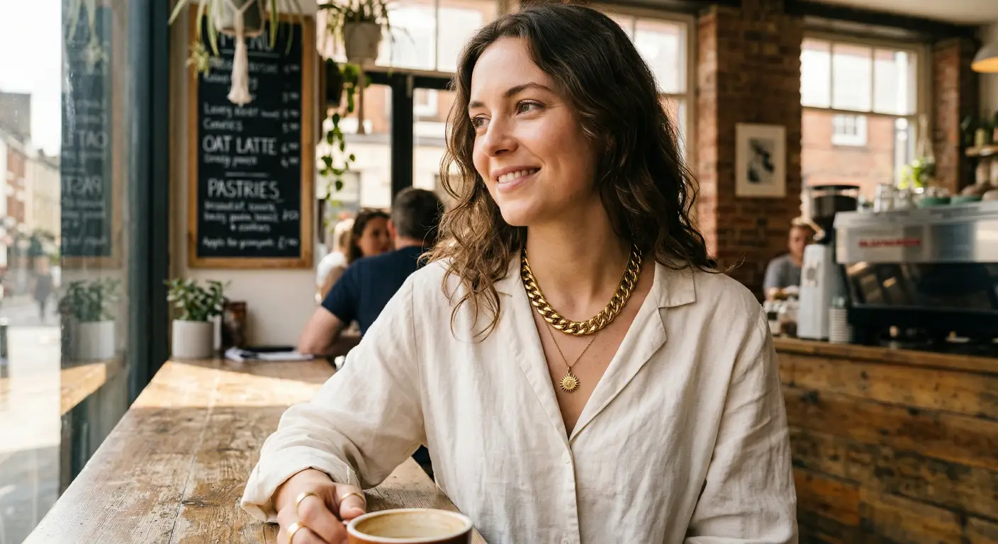 candid lifestyle photograph of a model wearing a beautifully polished, heavy brass Cuban link necklace and a delicate brass pendant.