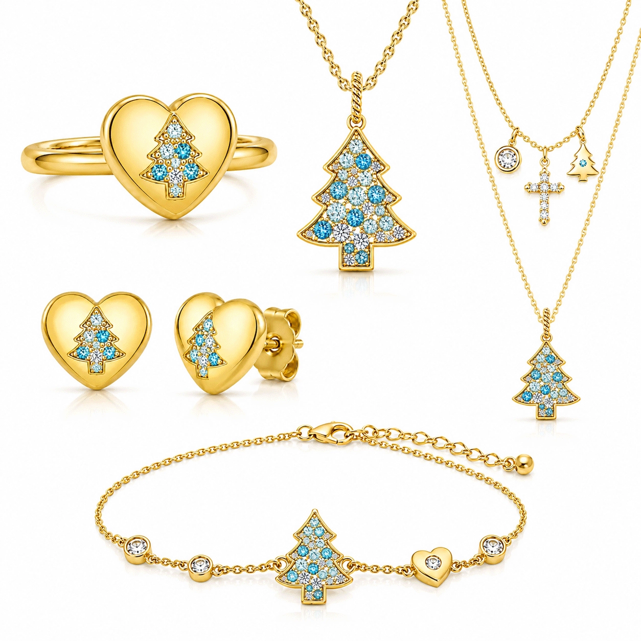 Gold Vermeil Jewelry Wholesale collection with heart Christmas tree ring stud earrings pendant necklaces and matching bracelet - Zhefan Jewelry