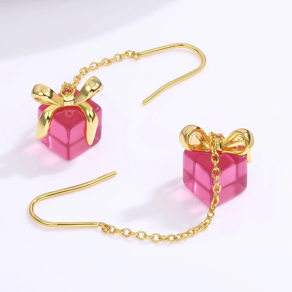 Chrstmas Pink Bow Gift Chain Earring 2 - Zhefan Jewelry