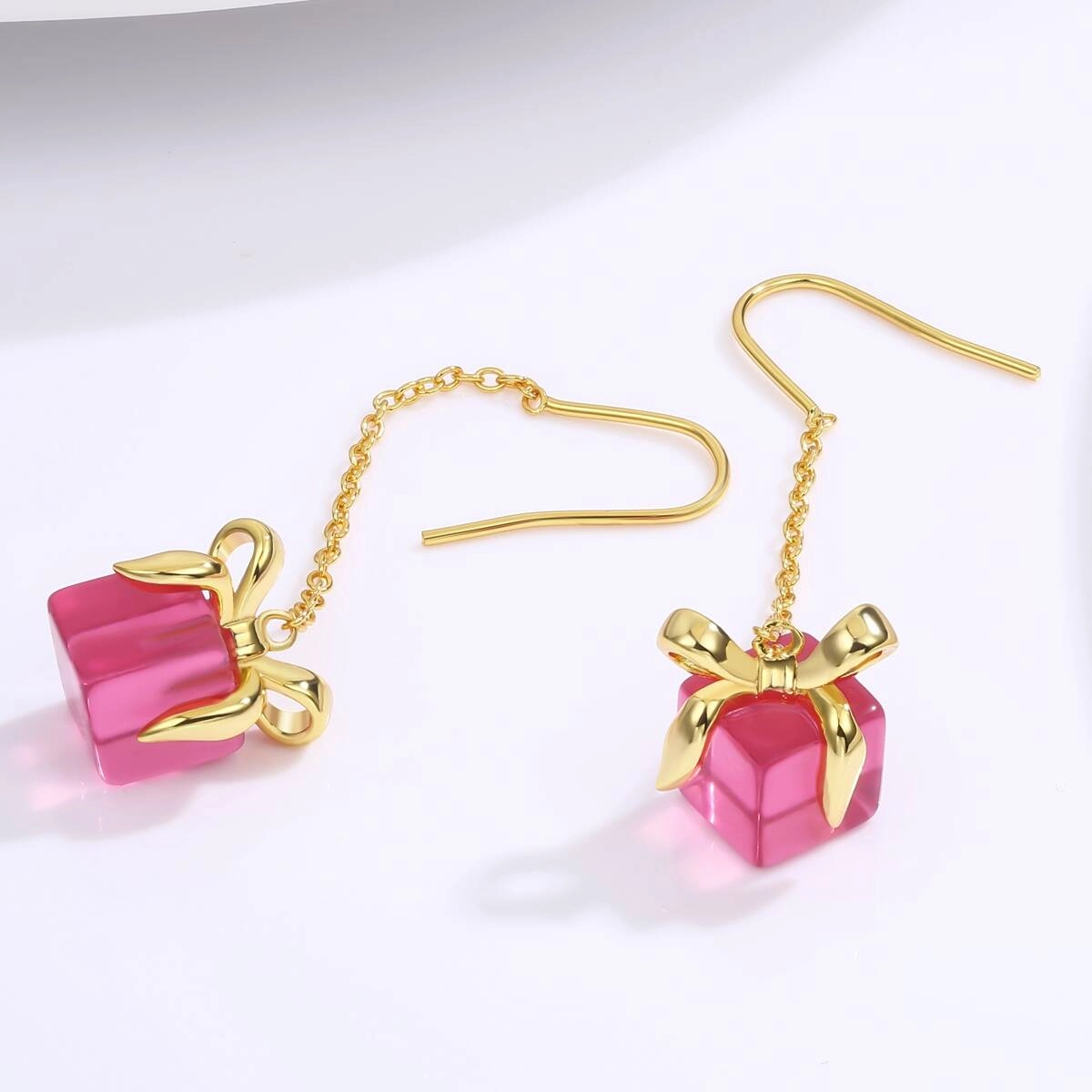 Chrstmas Pink Bow Gift Chain Earring 3 - Zhefan Jewelry