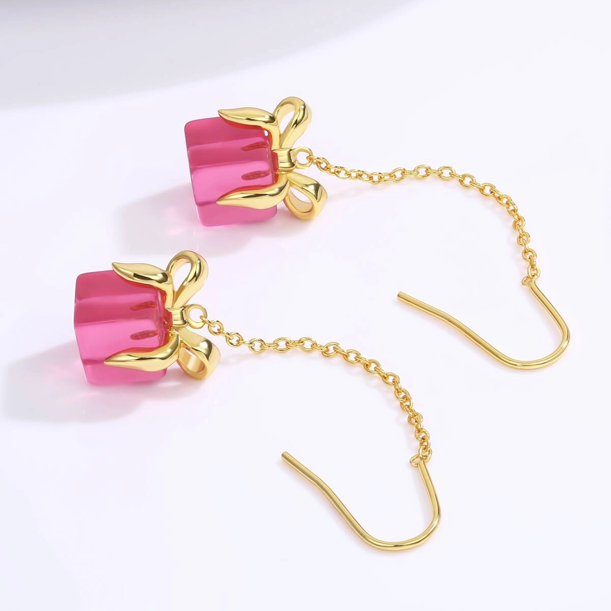 Chrstmas Pink Bow Gift Chain Earring 5 - Zhefan Jewelry