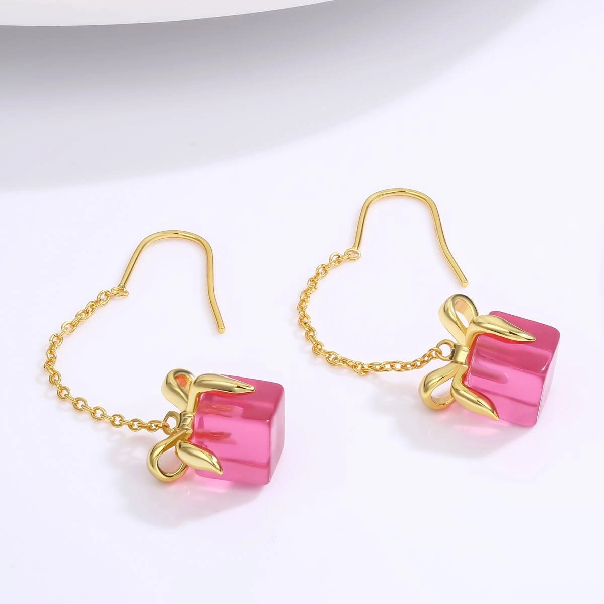 Chrstmas Pink Bow Gift Chain Earring 6 - Zhefan Jewelry