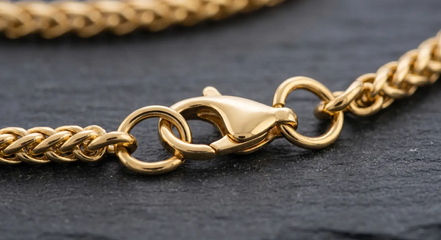 clasp and jump rings of a high-quality brass necklace resting on a dark slate surface.