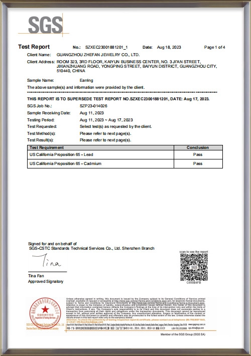 CP65-Lead&Cadmium Stainless Steel SGS test report - Zhefan Jewelry