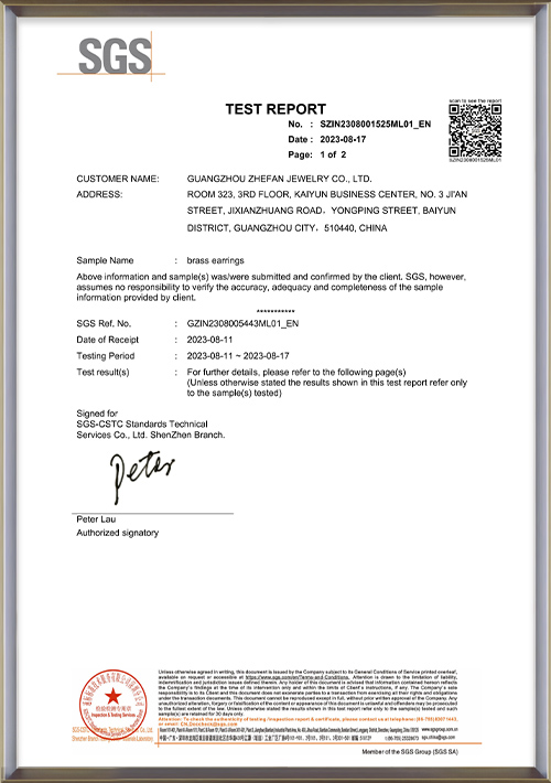 Cu(Brass Jewelry) Content SGS test report-zhefanjewelry