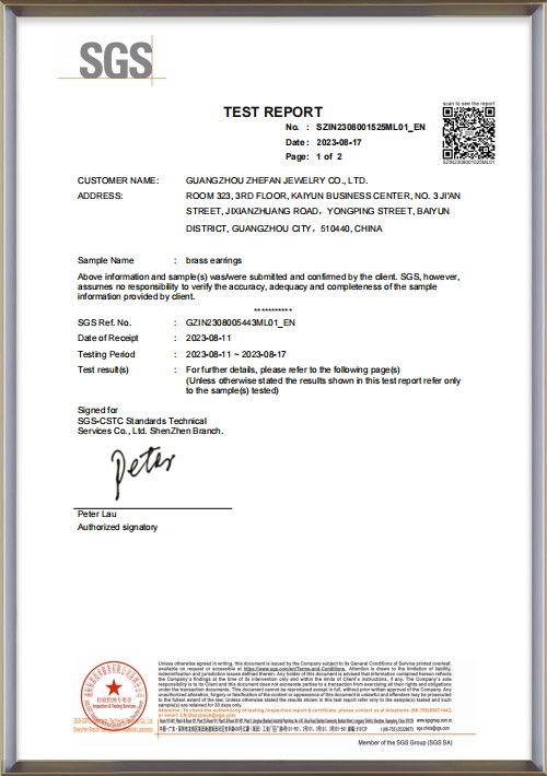 Cu(Brass Jewelry) Content SGS test report - Zhefan Jewelry