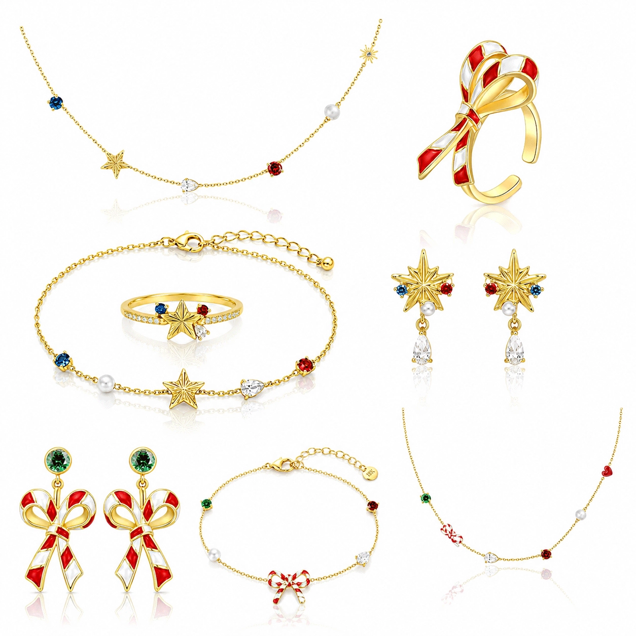 Custom Christmas jewelry collection with star and bow earrings, necklaces, bracelets and rings - Zhefan Jewelry