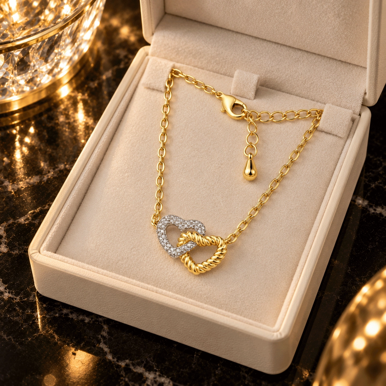 Custom silver necklace with pavé cubic zirconia double heart pendant developed for jewelry brand collections - Zhefan Jewelry