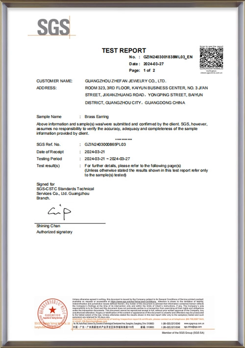 Zhefan Jewelry_0.175um（7mils）Plating thickness test report from SGS Testing Institution - Zhefan Jewelry